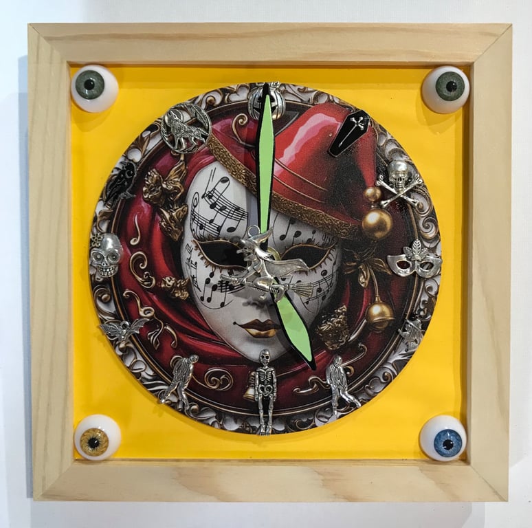 Handmade Venetian Mask Masquerade Theme Wall Clock with spinning witch