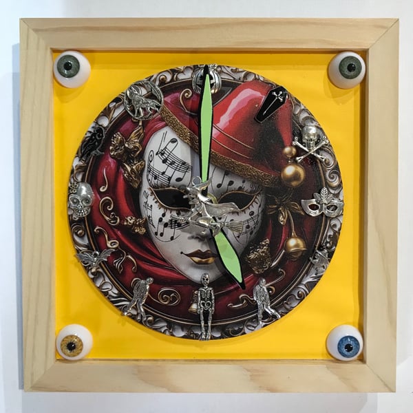 Handmade Venetian Mask Masquerade Theme Wall Clock with spinning witch