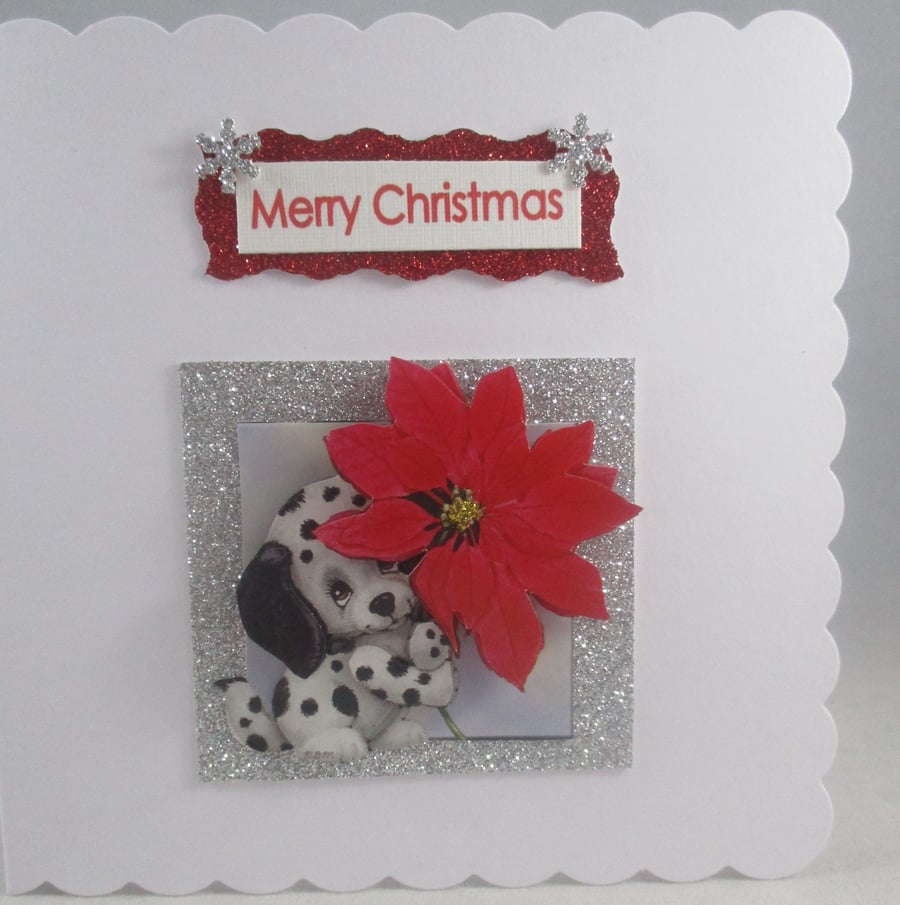 Christmas Cute Dalmation ,Poinsettia ,3D Decoupage Greeting Card, Personalise