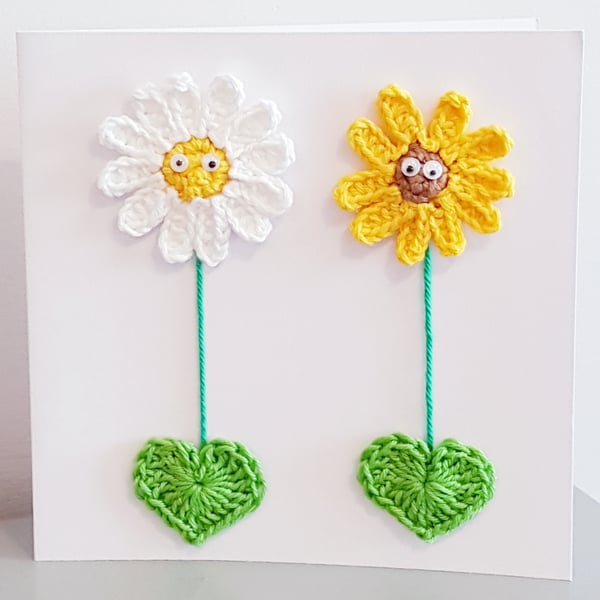 Handmade crochet daisy & sunflower card 