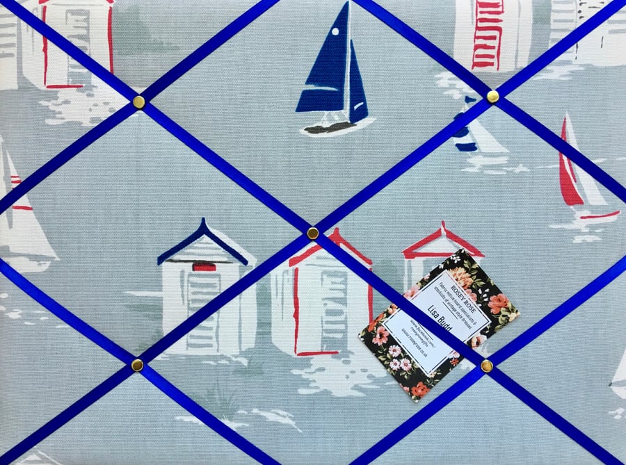 Handmade Bespoke Memo Notice Board With Clarke & Clarke Beach Huts Blue Fabric