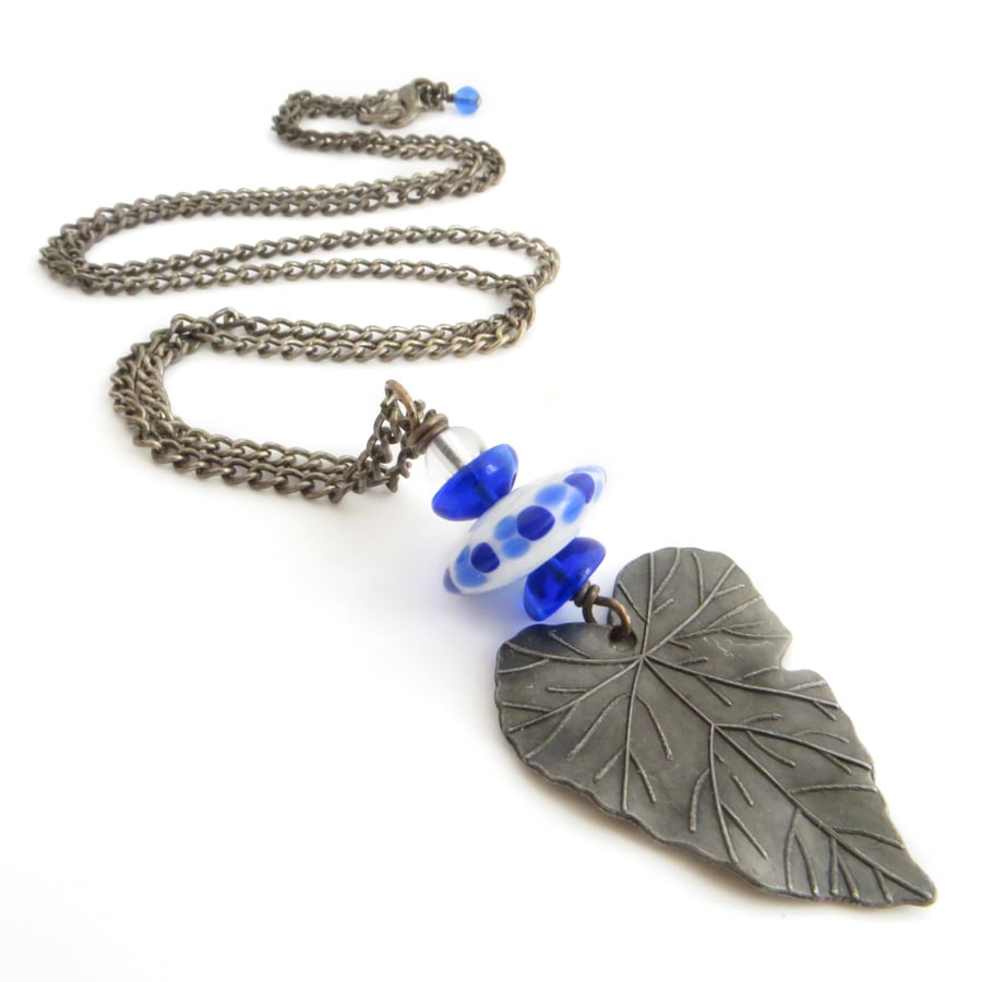 SALE -  Leaf Necklace,  Long Pendant with Blue and White Glass