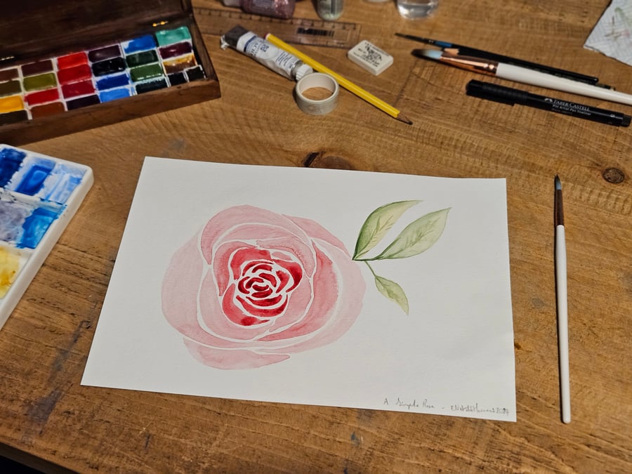 Pink Rose Watercolour Painting, A4 Original Flower Art, Not a Print