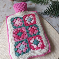 Crochet Hot Water Bottle Cover Pink & Cream