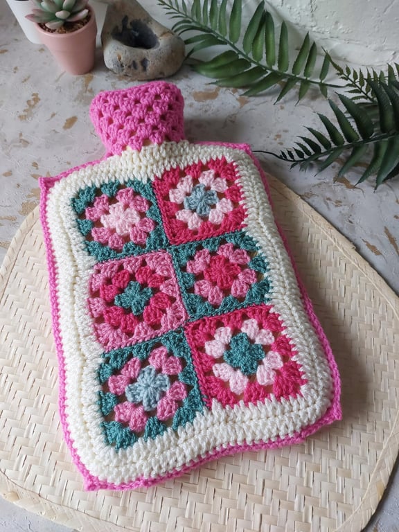 Crochet Hot Water Bottle Cover Pink & Cream