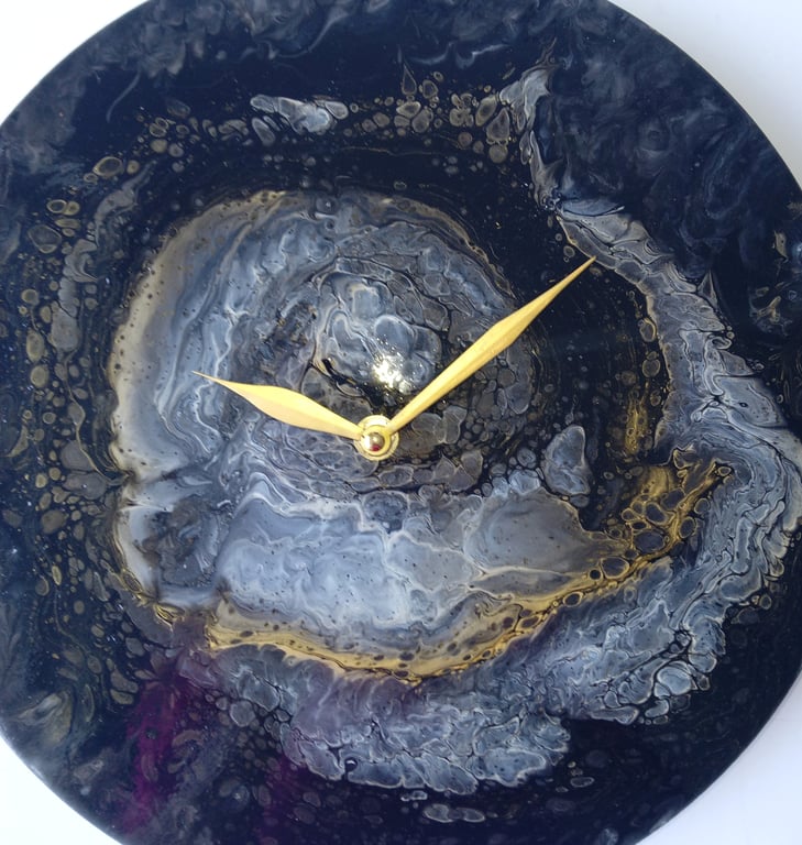 "Obsidian Whispers" Hand-Painted Fluid Art Wall Clock, Silent Home Decor