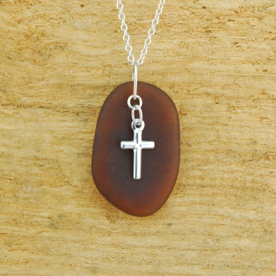 Beach glass pendant with silver cross