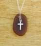 Beach glass pendant with silver cross - Image 1