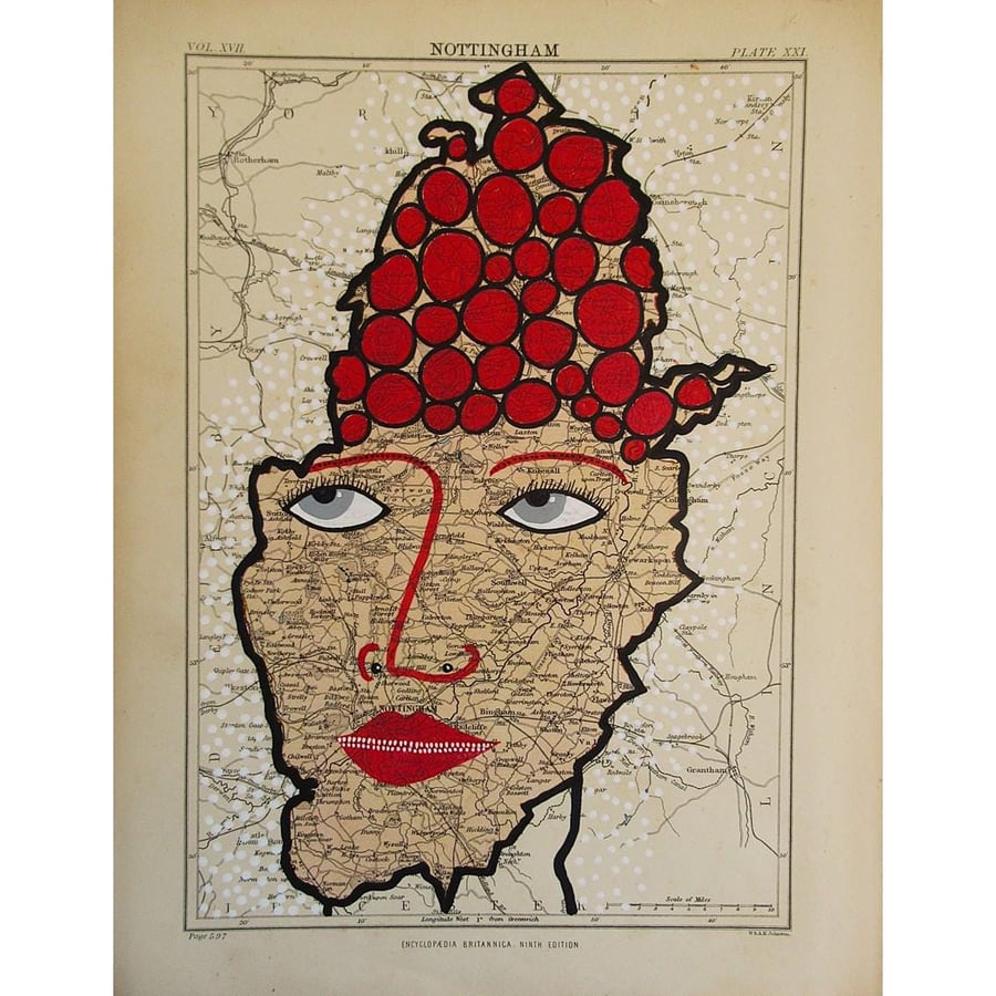 Original Drawing On Map Nottingham Portrait Outsider Folk Art Illustration