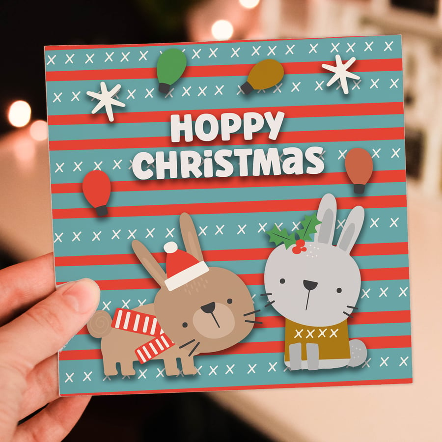 Rabbit, bunny Christmas, holidays card: Hoppy Christmas