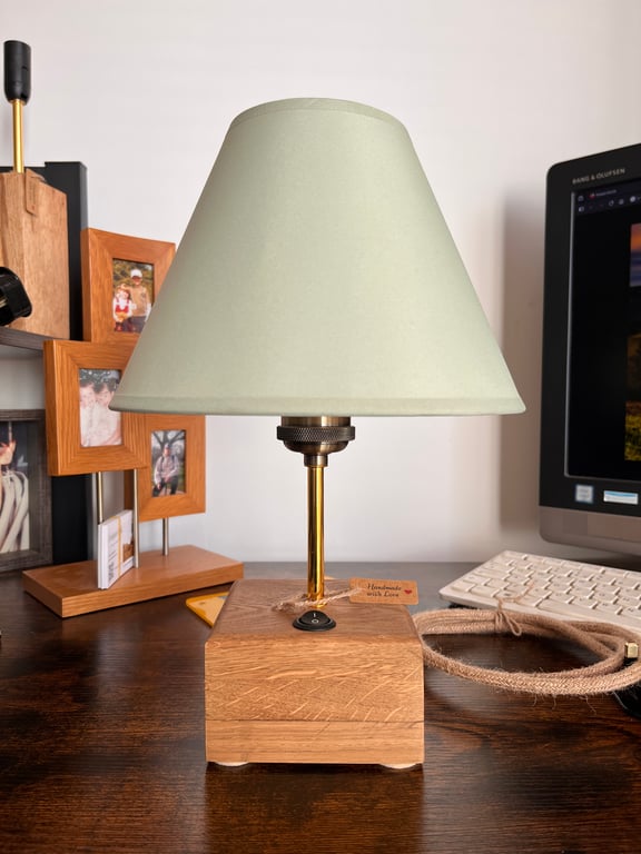 Handmade Oak Bedside Lamp with Fabric Shade