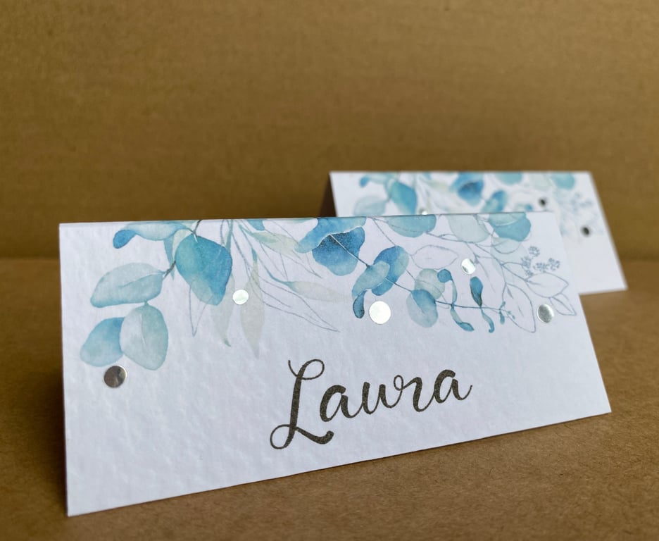 6 x table place CARDS blue EUCALYPTUS foliage  personalised name Wedding setting