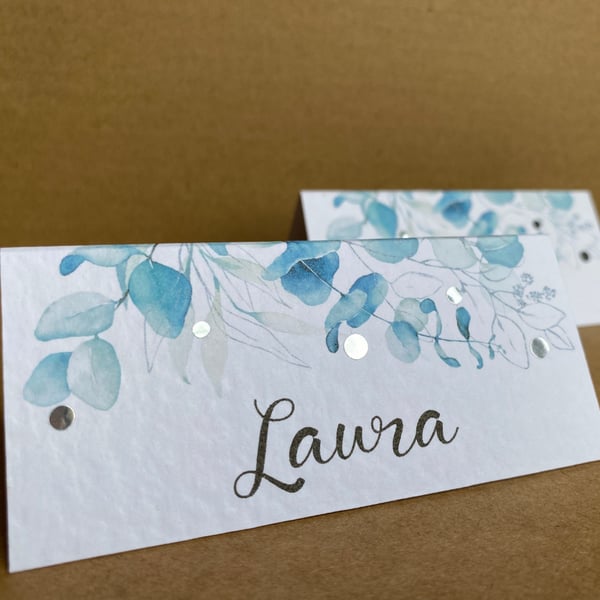 6 x table place CARDS blue EUCALYPTUS foliage  personalised name Wedding setting