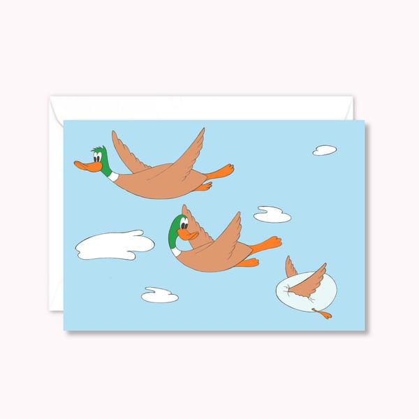 Flying Ducks Greeting Card: Hand Drawn Cartoon Artwork for Any Occasion (201)