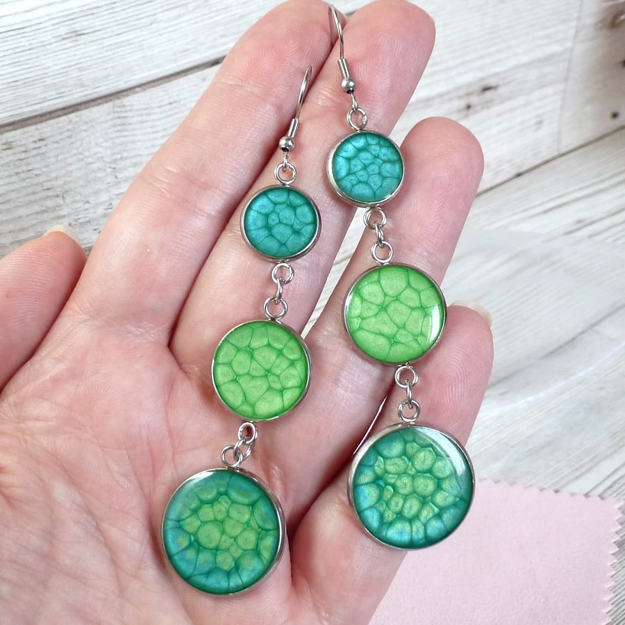 Turquoise and green earrings, large dangle earrings for women