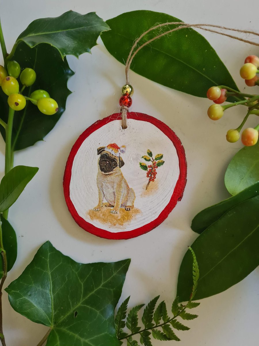 Christmas decoration pug dog wood slice hanging decoration