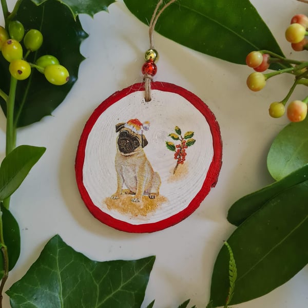 Christmas decoration pug dog wood slice hanging decoration