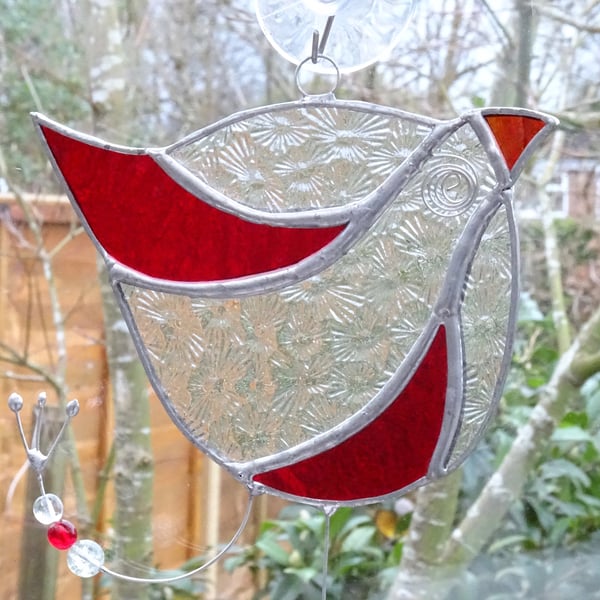 Stained Glass Funky Bird Suncatcher  - Red and Clear  