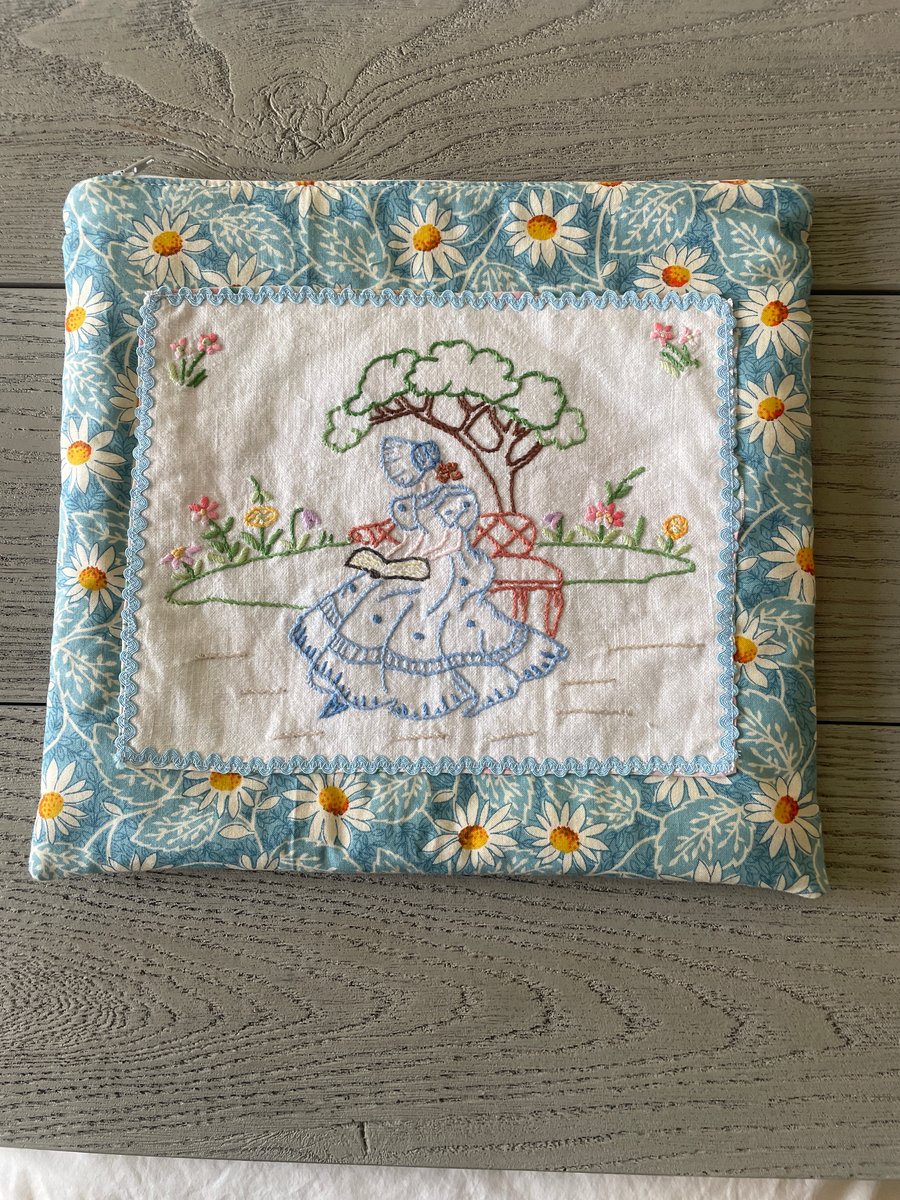 Zipped Fabric Pouch with Recycled Hand Embroidered Front.