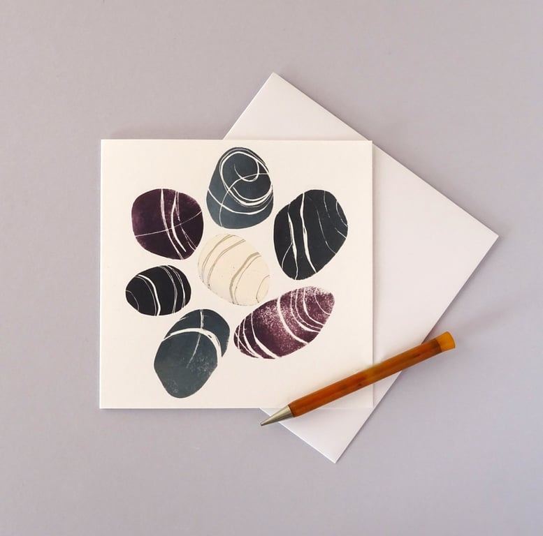 Cornish Pebbles Card Coastal Birthday Card Stones Lino Print 