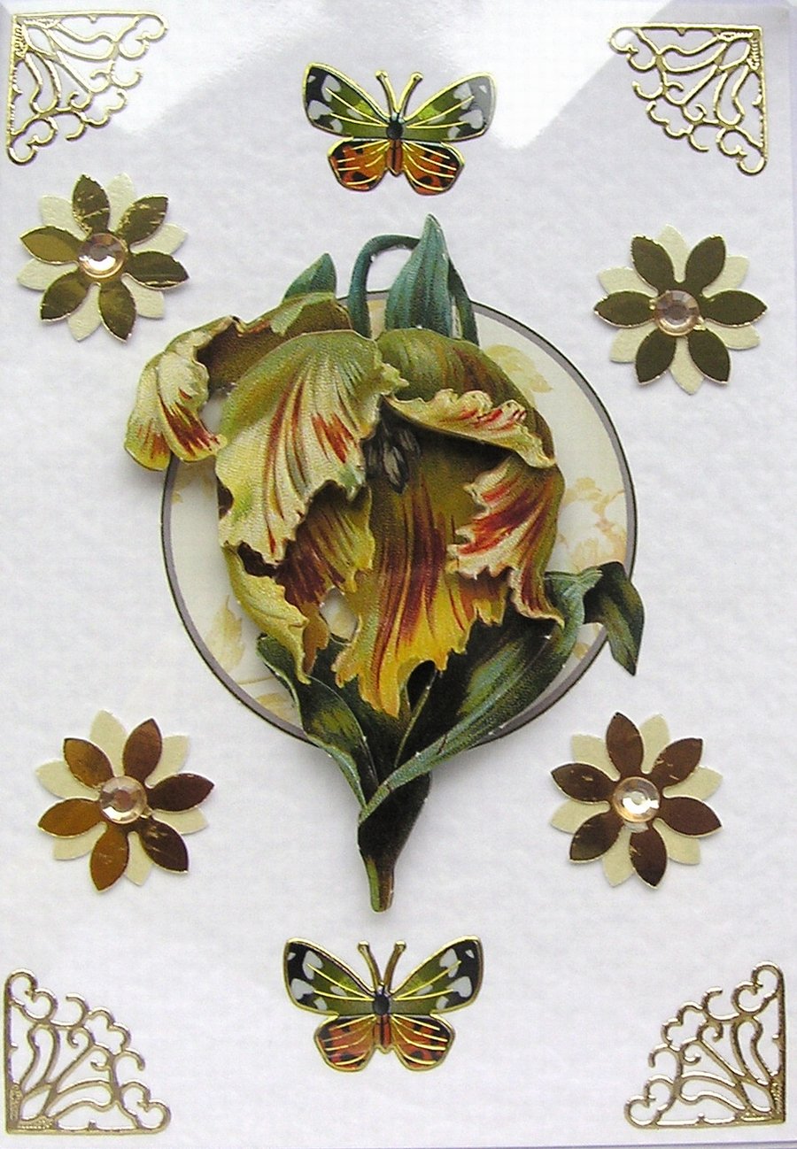 Yellow Flower Hand Crafted 3D Decoupage Card - Blank for any Occasion (2589)