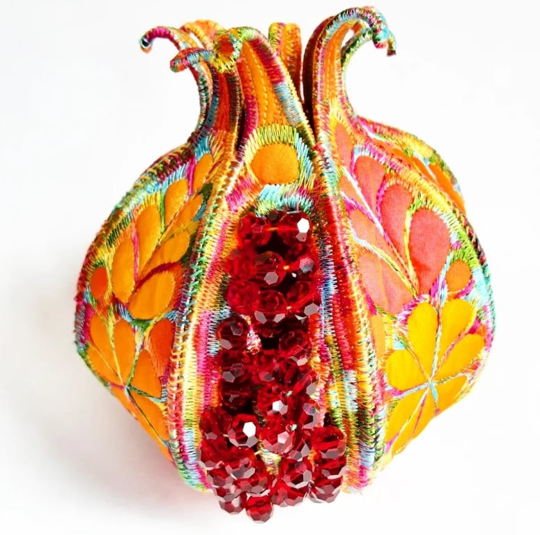Pomegranate Textile Art Machine Embroidery Vibrant Colourful Hand Dyed 3D