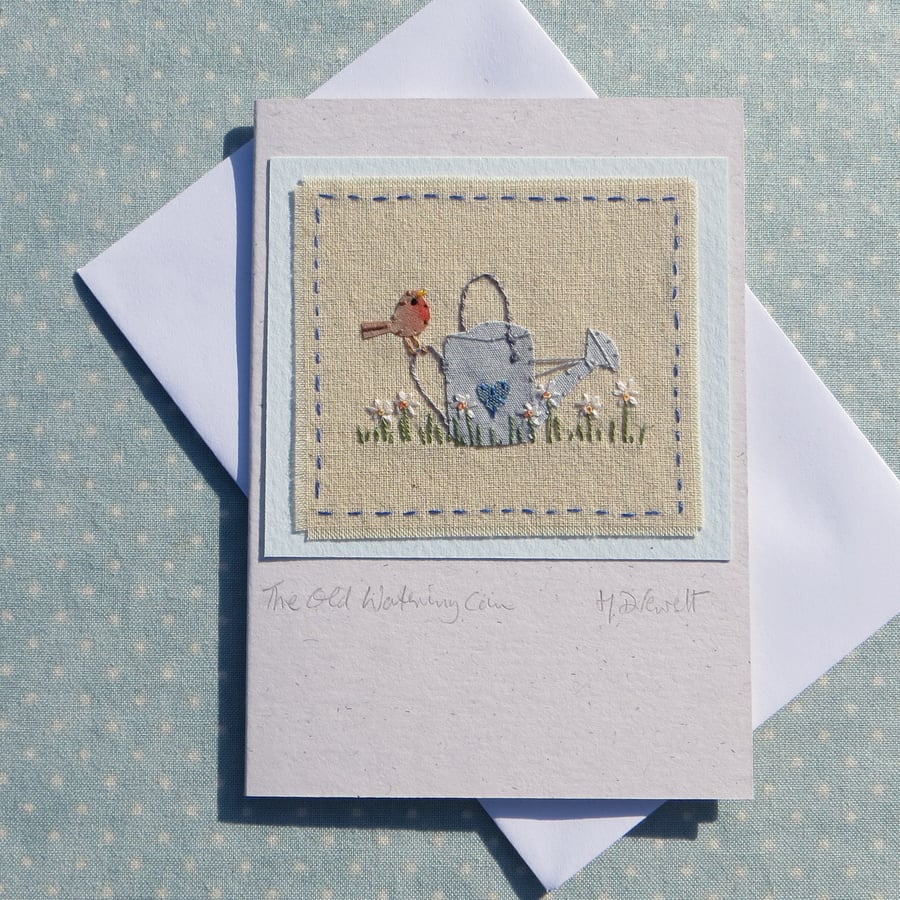 The Old Watering Can, a hand-stitched card with lots of detail, a card to keep!