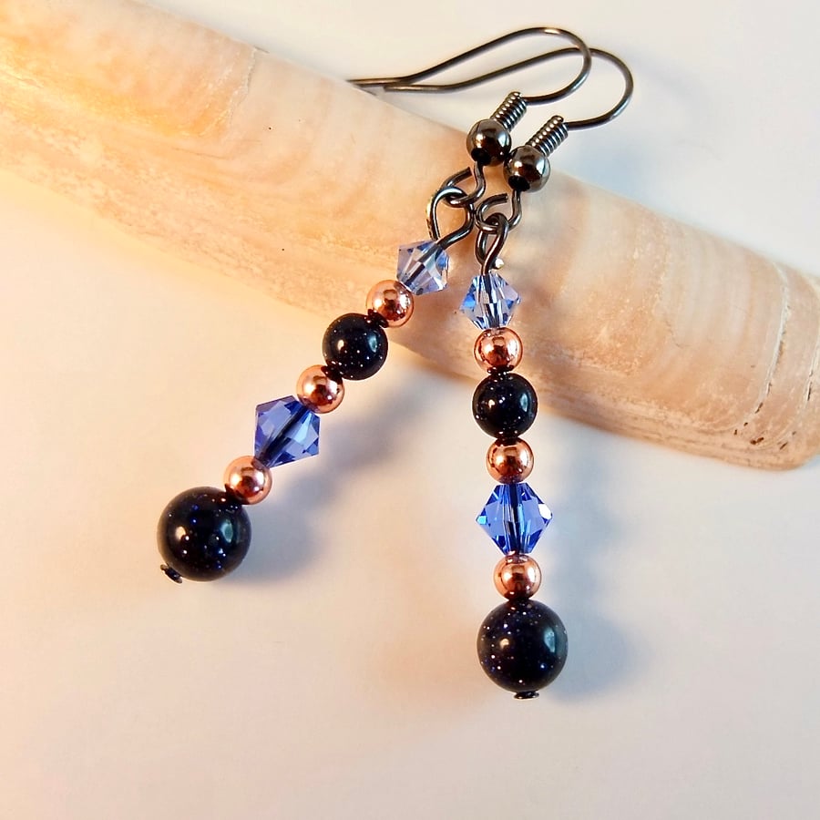 Blue Goldstone Earrings With Swarovski 'Sapphire' Crystals and Copper Beads.