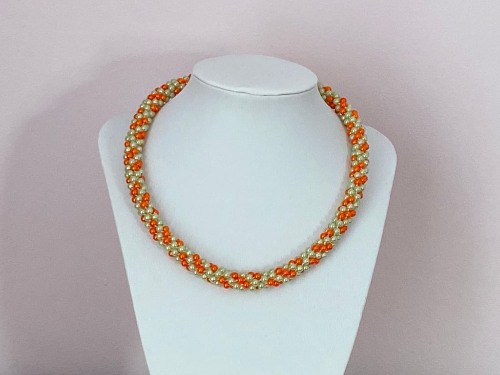 Handmade Orange & Green Woven Pearl Necklace