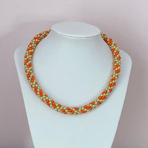 Handmade Orange & Green Woven Pearl Necklace