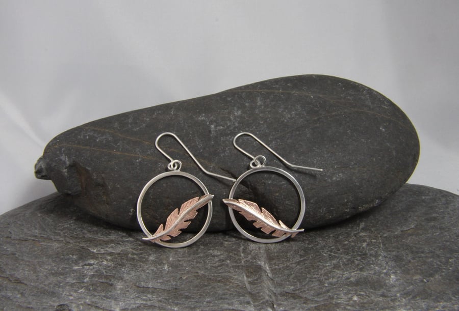 Copper and Sterling Silver Pheasant Feather Dangle Earrings 