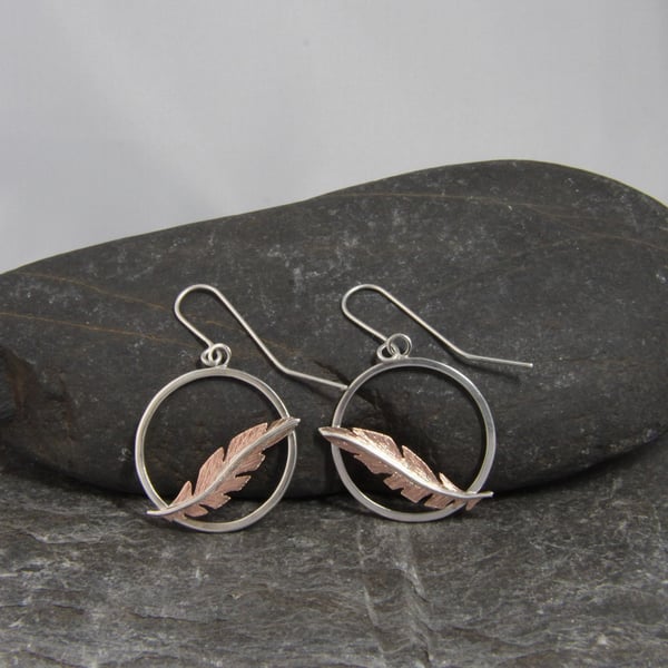 Copper and Sterling Silver Pheasant Feather Dangle Earrings 
