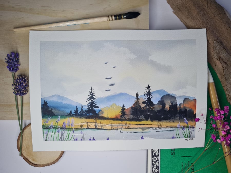 Original watercolour painting, descending UFO landscape art
