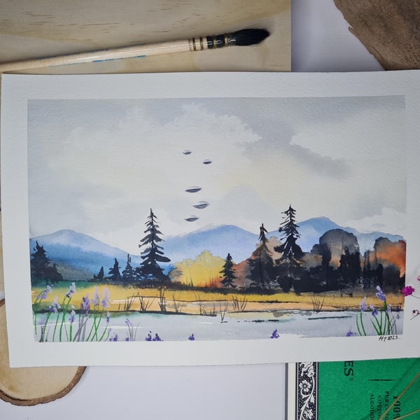 Original watercolour painting, descending UFO landscape art
