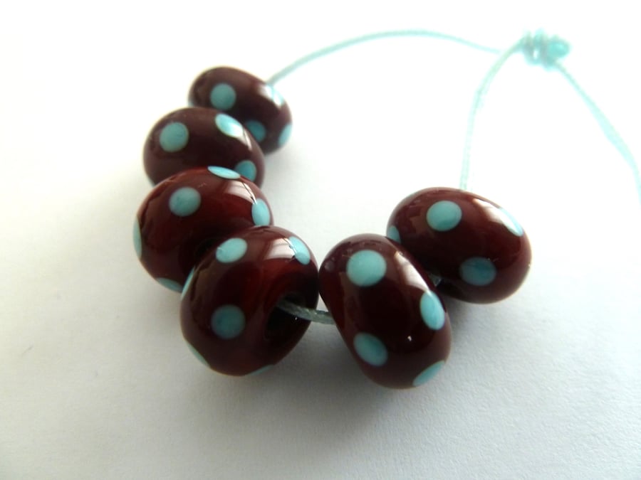 chocolate and turquoise spots lampwork glass beads