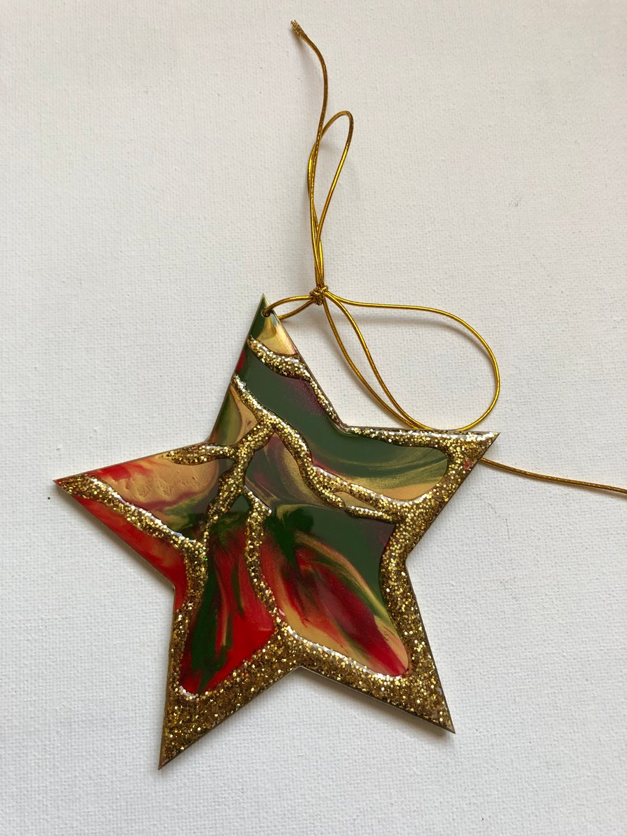 Christmas decoration, star, ornament, gold, red, green, 125mm