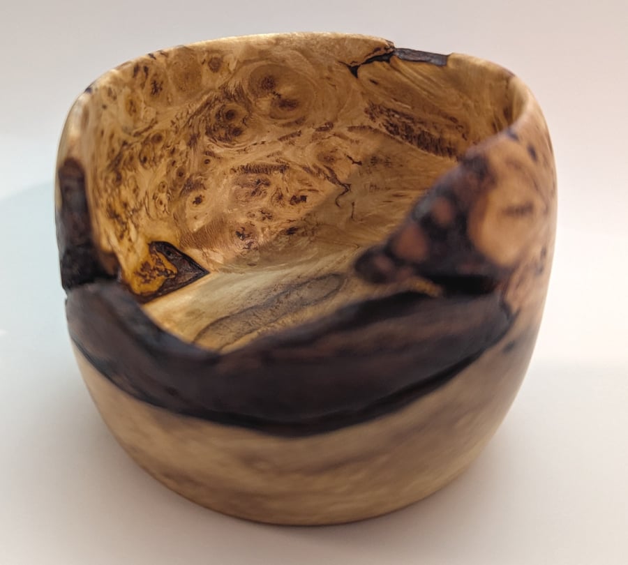 Small hand-turned hazel burl pot, with back inclusion, void and amazing grain!