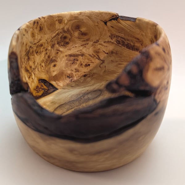 Small hand-turned hazel burl pot, with back inclusion, void and amazing grain!