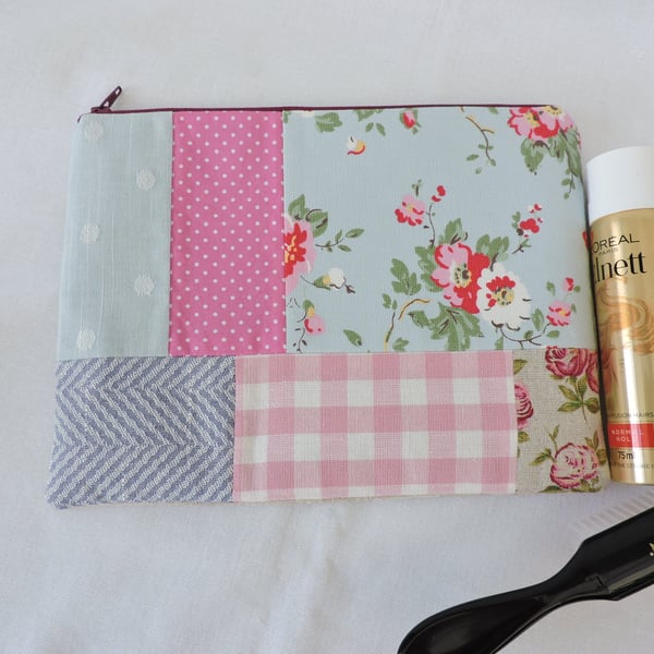  Clearance  Zipped Pouch Patchwork Pink Blue White Taupe