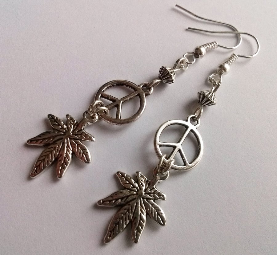 Silver Plate Cannabis Marijuana Peace Sign CND Drop Dangly Earrings