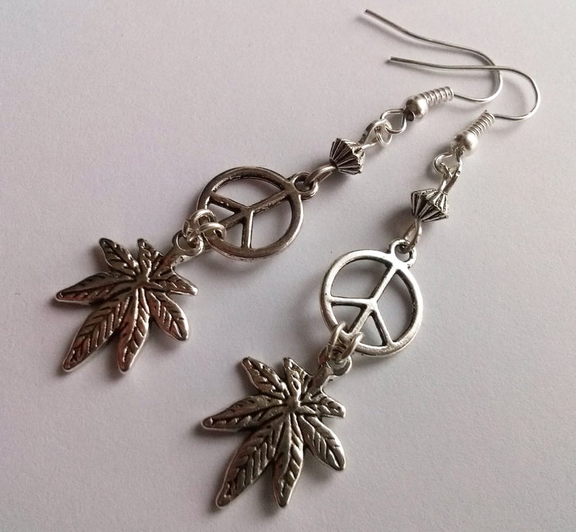 Silver Plate Cannabis Marijuana Peace Sign CND Drop Dangly Earrings