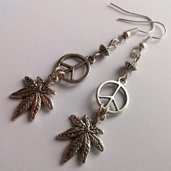 Silver Plate Cannabis Marijuana Peace Sign CND Drop Dangly Earrings