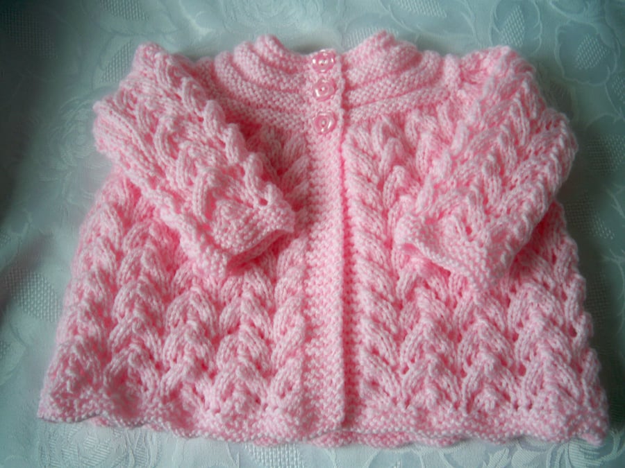 Hand Knitted Pink Matinee Cardigan, Fits 0 - 3 mths