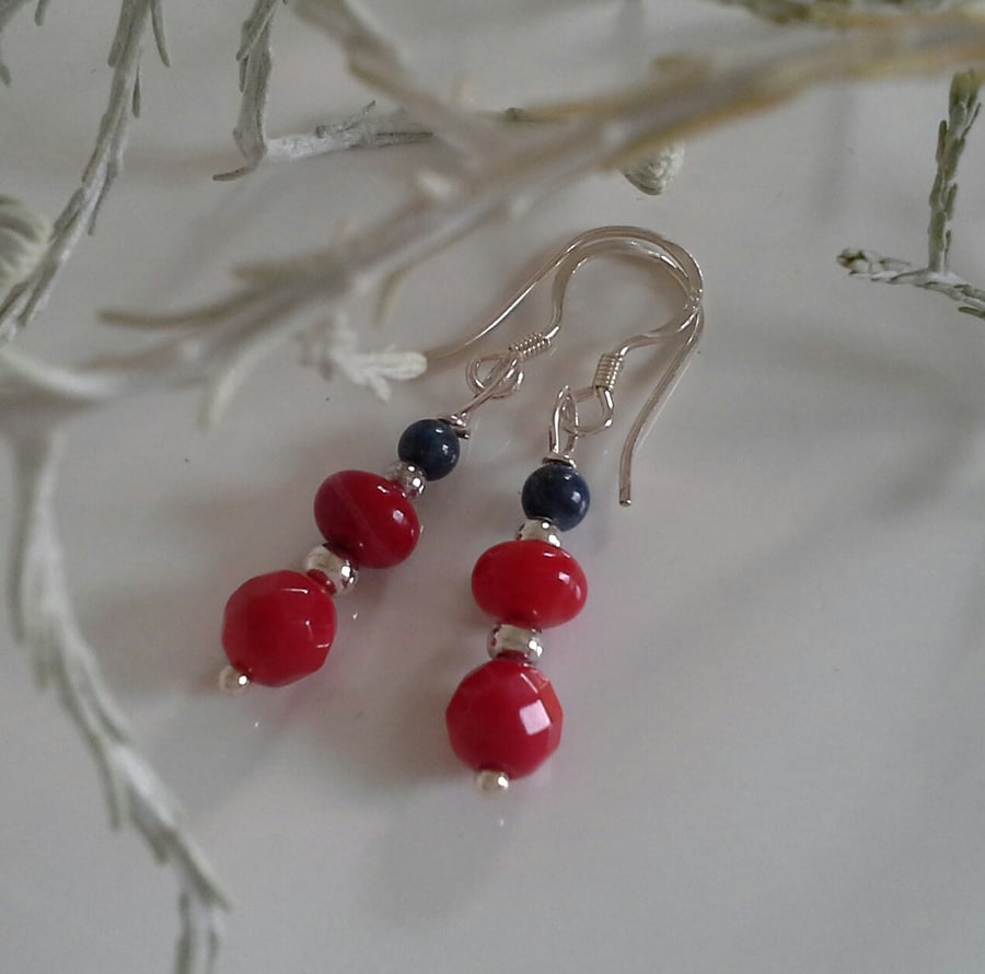 Dainty, Eco Reclaimed Red Coral & Lapis Lazuli Sterling Silver Drop Earrings