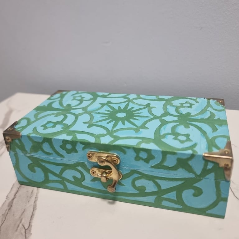 Blue Trinket Box with Green Ornaments, Keepsake Box