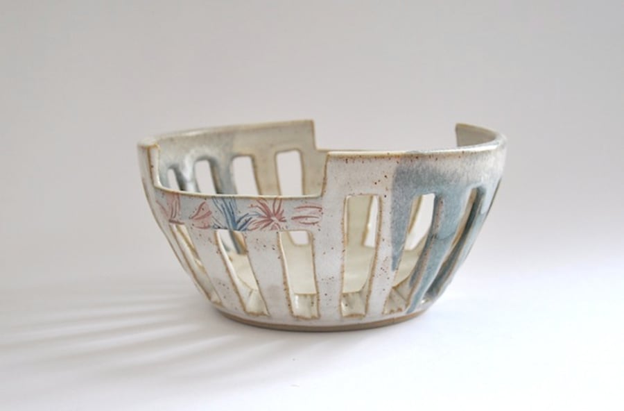 Carved ceramic bowl with botanical feature - handmade pottery