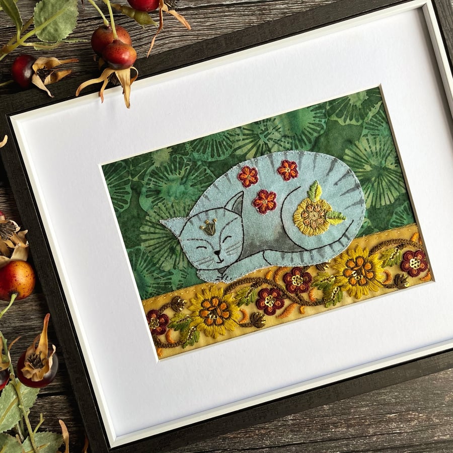 Textile artwork of grey tabby cat -  gift for cat lover
