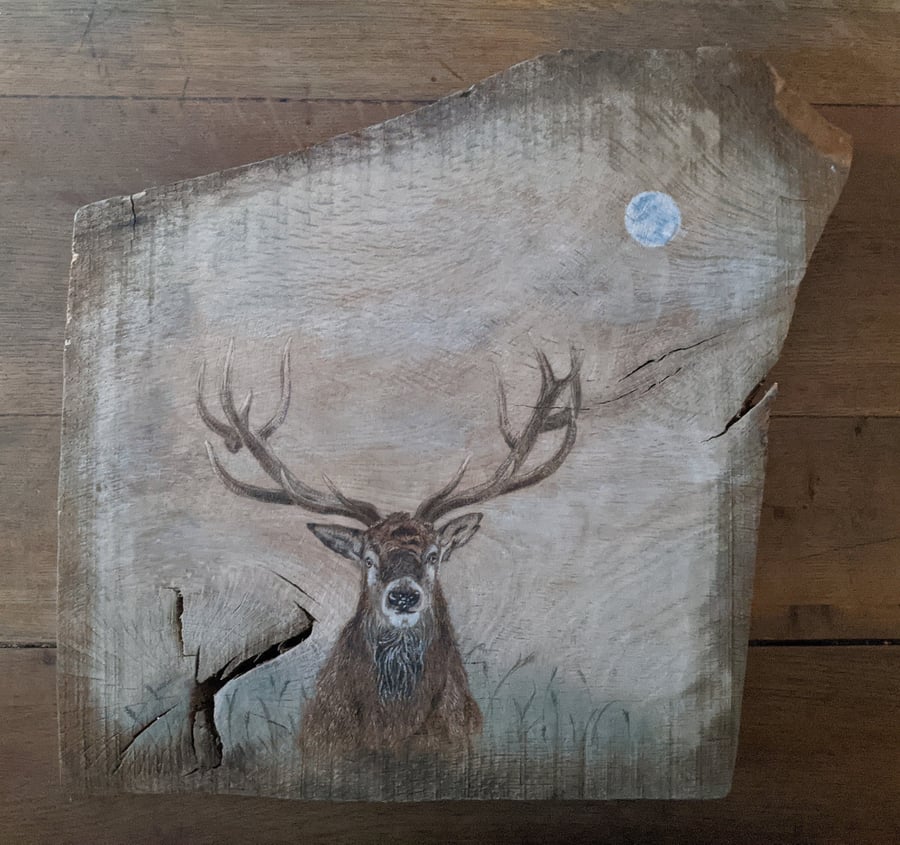 Original Stag painting on reclaimed and repurposed wood (oak)