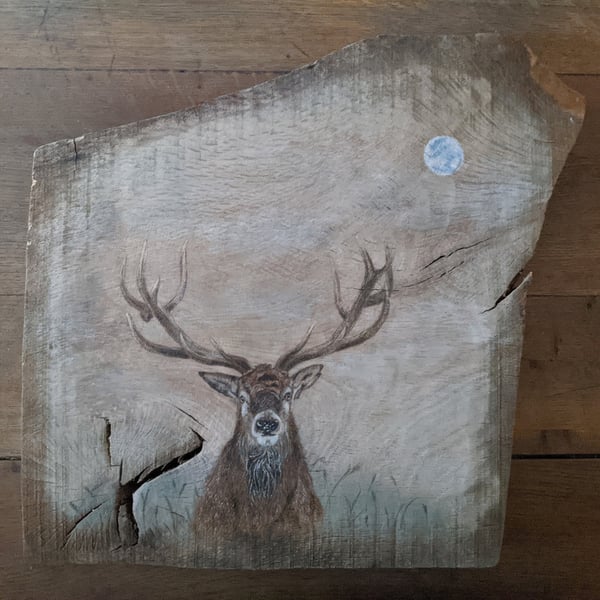 Original Stag painting on reclaimed and repurposed wood (oak)