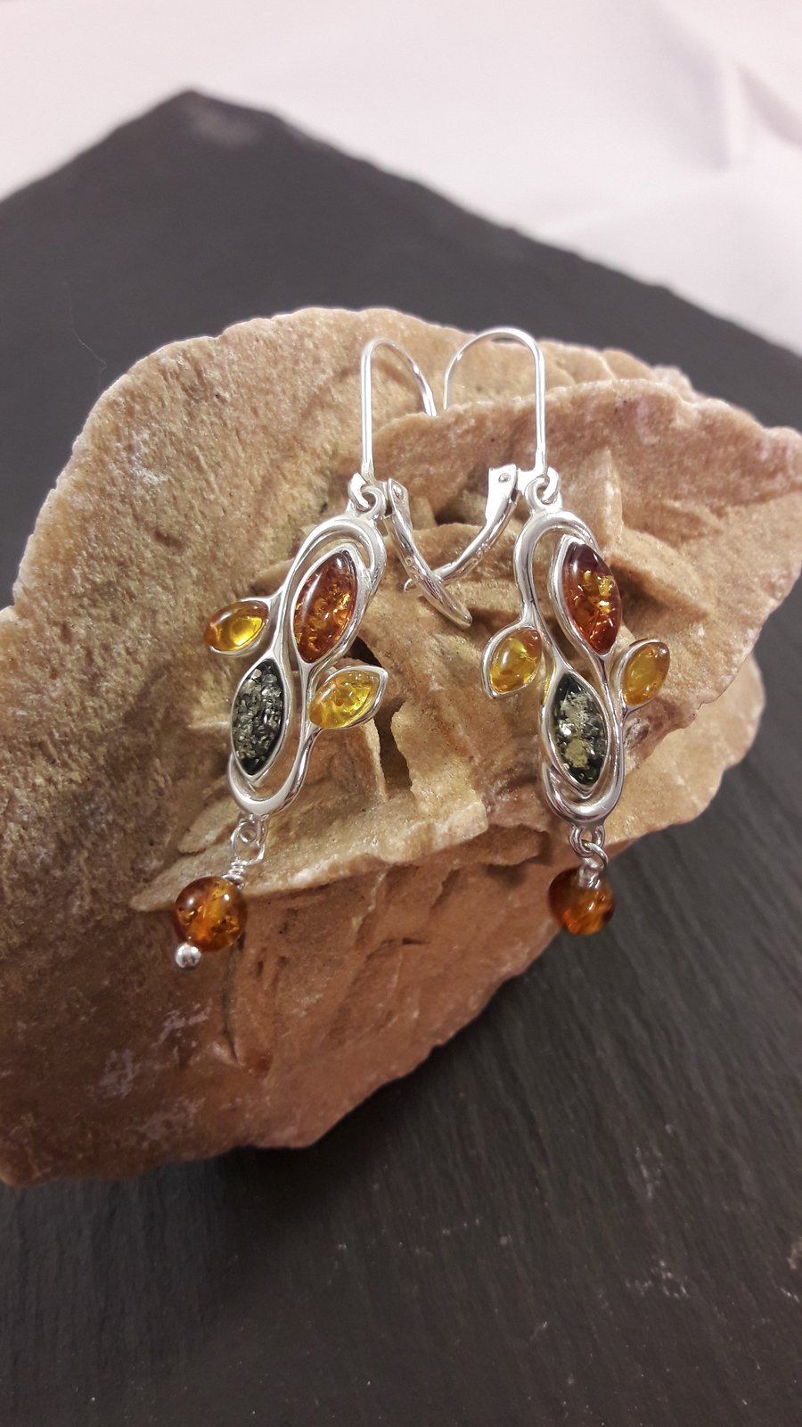 Three Colour Baltic Amber and Sterling Silver Earrings